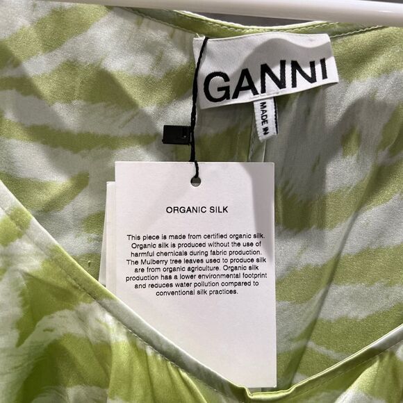 Ganni Ruched Organic Silk-Blend Top Green Zebra Print Size 36 - Picture 6 of 7